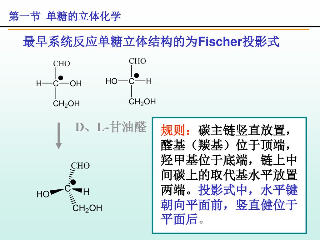 立体化学最早系统反应单糖立体结构的为fischer投影式d,l-甘油醛规则