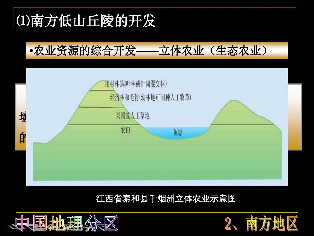 农业资源的综合开发——立体农业(生态农业)丘陵山地所占的比例很大