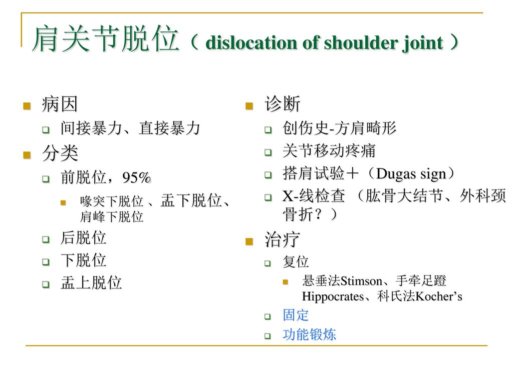 治疗复位悬垂法stimson,手牵足蹬hippocrates,科氏法kocher"s固定