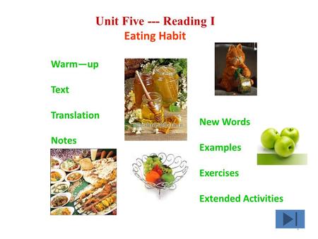 1 Unit Five --- Reading I Eating Habit New Words Examples Exercises Extended Activities Warm—up Text Translation Notes.