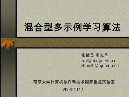 混合型多示例学习算法 张敏灵 周志华  南京大学计算机软件新技术国家重点实验室 2003 年 11 月.