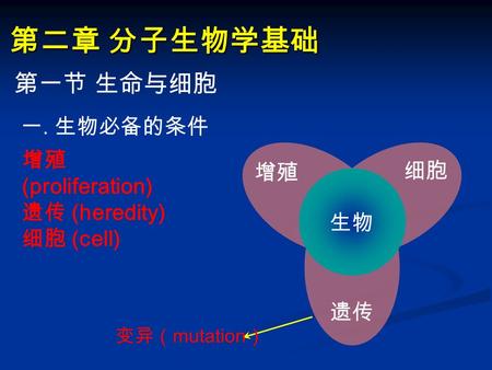 遗传 细胞 增殖 生物 第二章 分子生物学基础 第一节 生命与细胞 一. 生物必备的条件 增殖 (proliferation) 遗传 (heredity) 细胞 (cell) 变异（ mutation ）