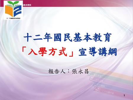 十二年國民基本教育 「入學方式」宣導講綱 報告人：張永昌.