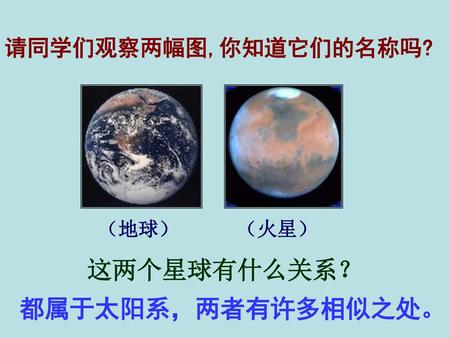 请同学们观察两幅图,你知道它们的名称吗? （地球） （火星） 这两个星球有什么关系？ 都属于太阳系，两者有许多相似之处。