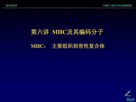 医学免疫学 上海第二医科大学免疫教研室 第六讲 MHC及其编码分子 MHC： 主要组织相容性复合体 Back.