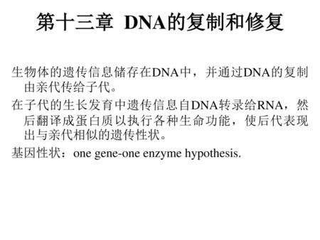 第十三章 DNA的复制和修复 生物体的遗传信息储存在DNA中，并通过DNA的复制由亲代传给子代。