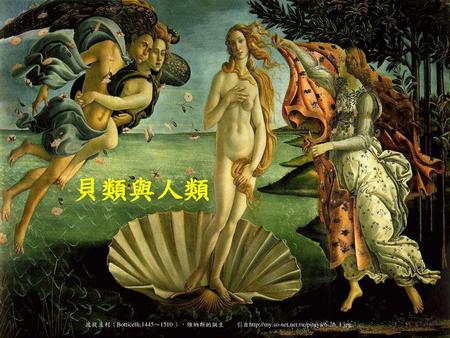 貝類與人類 波提且利（Botticelli,1445～1510 ），維納斯的誕生 引自http://my.so-net.net.tw/pitaya/6-26_1.jpg.