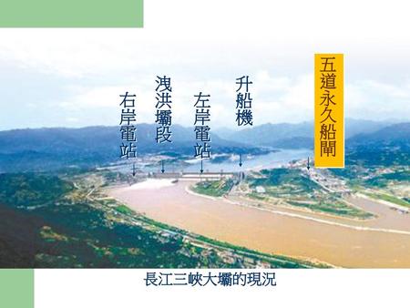 五道永久船閘 洩洪壩段 升船機 右岸電站 左岸電站 　長江三峽大壩的現況.