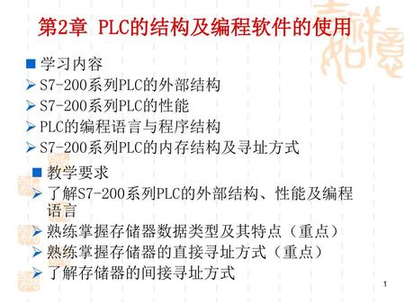 第2章 PLC的结构及编程软件的使用 学习内容 S7-200系列PLC的外部结构 S7-200系列PLC的性能 PLC的编程语言与程序结构