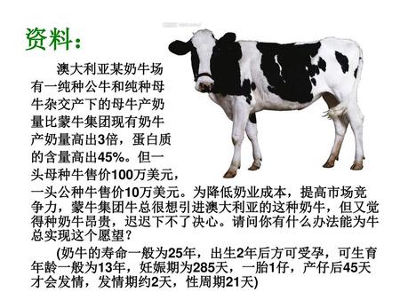 资料： 澳大利亚某奶牛场 有一纯种公牛和纯种母 牛杂交产下的母牛产奶 量比蒙牛集团现有奶牛 产奶量高出3倍，蛋白质 的含量高出45%。但一