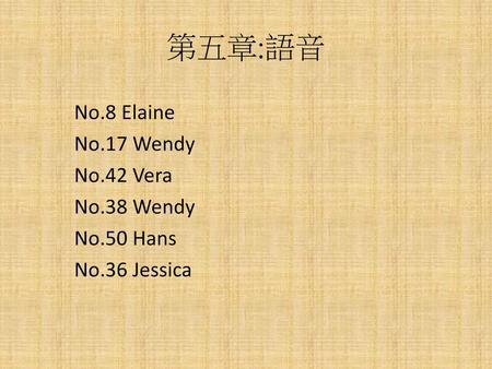 第五章:語音 No.8 Elaine No.17 Wendy No.42 Vera No.38 Wendy No.50 Hans No.36 Jessica.