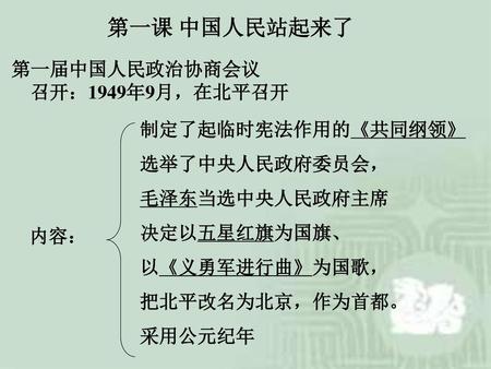 第一课 中国人民站起来了 第一届中国人民政治协商会议 召开：1949年9月，在北平召开 制定了起临时宪法作用的《共同纲领》