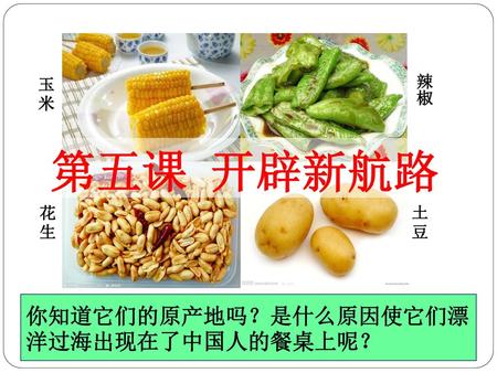 玉米 辣椒 第五课 开辟新航路 花生 土豆 你知道它们的原产地吗？是什么原因使它们漂洋过海出现在了中国人的餐桌上呢？