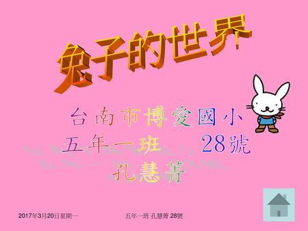 兔子的世界 台南市博愛國小 五年一班 28號 孔慧菁 2017年3月20日星期一 五年一班 孔慧菁 28號.