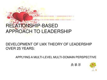 RELATIONSHIP-BASED APPROACH TO LEADERSHIP DEVELOPMENT OF LMX THEORY OF LEADERSHIP OVER 25 YEARS: APPLYING A MULTI-LEVEL MULTI-DOMAIN PERSPECTIVE.