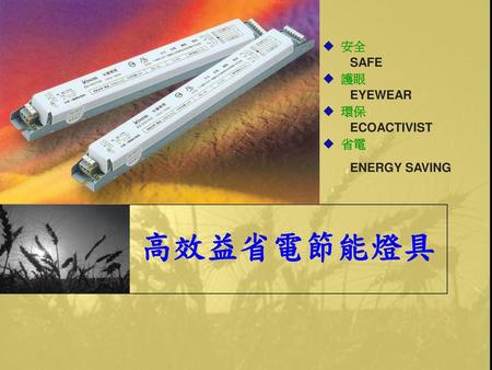 安全 SAFE 護眼 EYEWEAR 環保 ECOACTIVIST 省電 ENERGY SAVING 高效益省電節能燈具.