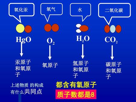 H2O HgO CO2 O2 都含有氧原子 质子数都是8 汞原子和氧原子 氢原子和氧原子 碳原子和氧原子 氧原子 氧化汞 氧气 水 二氧化碳