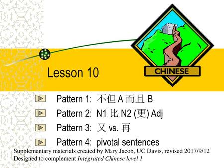 Lesson 10 Pattern 1: 不但 A 而且 B Pattern 2: N1 比 N2 (更) Adj
