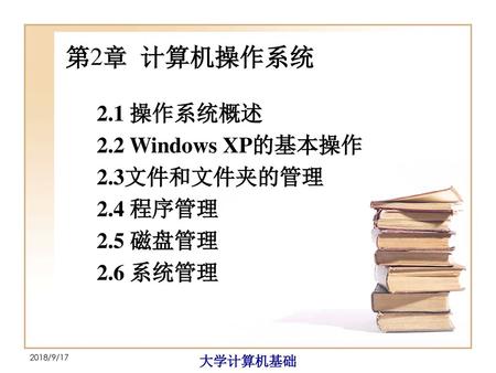 第2章 计算机操作系统 2.1 操作系统概述 2.2 Windows XP的基本操作 2.3文件和文件夹的管理 2.4 程序管理