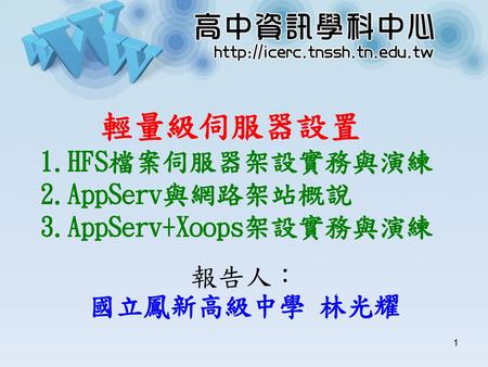 輕量級伺服器設置 1.HFS檔案伺服器架設實務與演練 2.AppServ與網路架站概說 3.AppServ+Xoops架設實務與演練