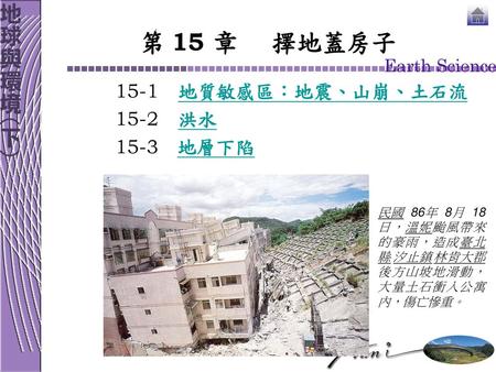 第 15 章 擇地蓋房子 15-1 地質敏感區：地震、山崩、土石流 15-2 洪水 15-3 地層下陷
