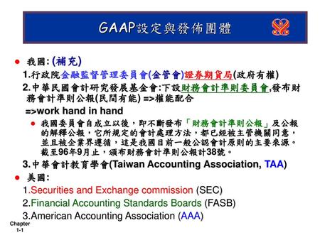 GAAP設定與發佈團體 我國: (補充) 1.行政院金融監督管理委員會(金管會)證券期貨局(政府有權)