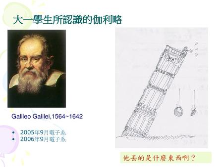 大一學生所認識的伽利略 Galileo Galilei,1564~1642 2005年9月電子系 2006年9月電子系 他丟的是什麼東西啊？