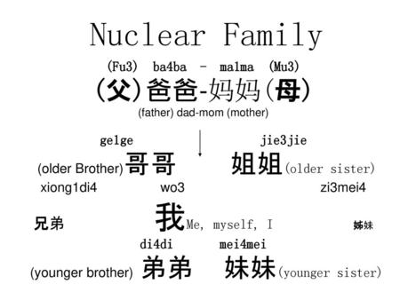 Nuclear Family (Fu3) ba4ba - ma1ma (Mu3) (父)爸爸-妈妈(母) (father) dad-mom (mother) ge1ge 		 	jie3jie (older Brother)哥哥		姐姐(older sister) xiong1di4		wo3				zi3mei4.