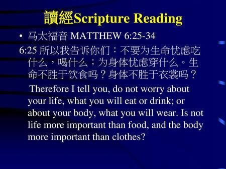 讀經Scripture Reading 马太福音 MATTHEW 6:25-34