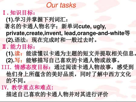 Our tasks Ⅰ. 知识目标： (1).学习并掌握下列词汇：