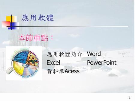應用軟體 本節重點： 應用軟體簡介	Word Excel		PowerPoint 資料庫Acess.
