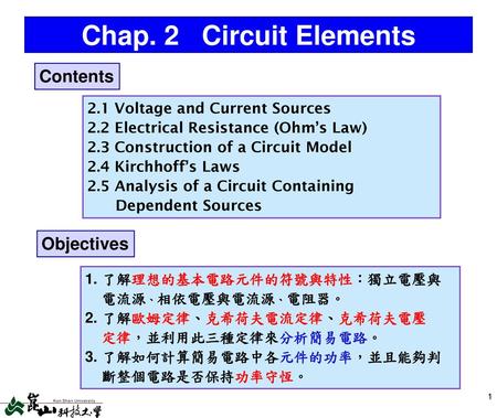 Chap. 2 Circuit Elements Contents Objectives