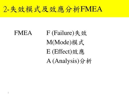 2-失效模式及效應分析FMEA FMEA F (Failure)失效 M(Mode)模式 E (Effect)效應
