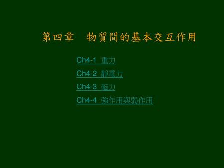 第四章 物質間的基本交互作用 Ch4-1 重力 Ch4-2 靜電力 Ch4-3 磁力 Ch4-4 強作用與弱作用.
