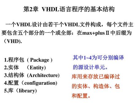 第2章 VHDL语言程序的基本结构 一个VHDL设计由若干个VHDL文件构成，每个文件主要包含五个部分的一个或全部：在max+plusⅡ中后缀为（VHD). 其中1~4为可分别编译 的源设计单元。 1.程序包 ( Package ) 2.实体 （Entity) 3.结构体 (Architecture)