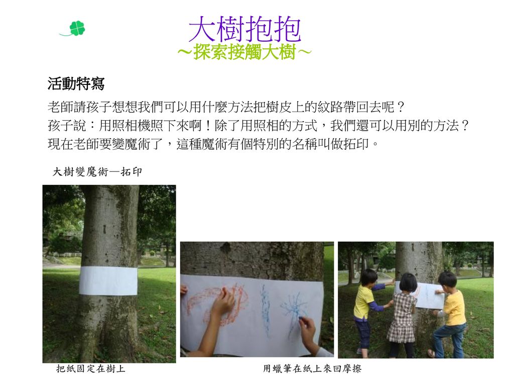 大樹抱抱 ～探索接觸大樹～ 活動特寫 老師請孩子想想我們可以用什麼方法把樹皮上的紋路帶回去呢？