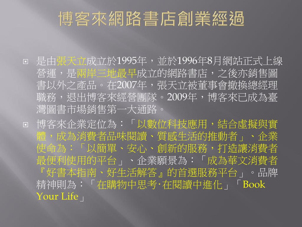 博客來網路書店創業經過 是由張天立成立於1995年，並於1996年8月網站正式上線營運，是兩岸三地最早成立的網路書店，之後亦銷售圖書以外之產品。在2007年，張天立被董事會撤換總經理職務，退出博客來經營團隊。2009年，博客來已成為臺灣圖書市場銷售第一大通路。