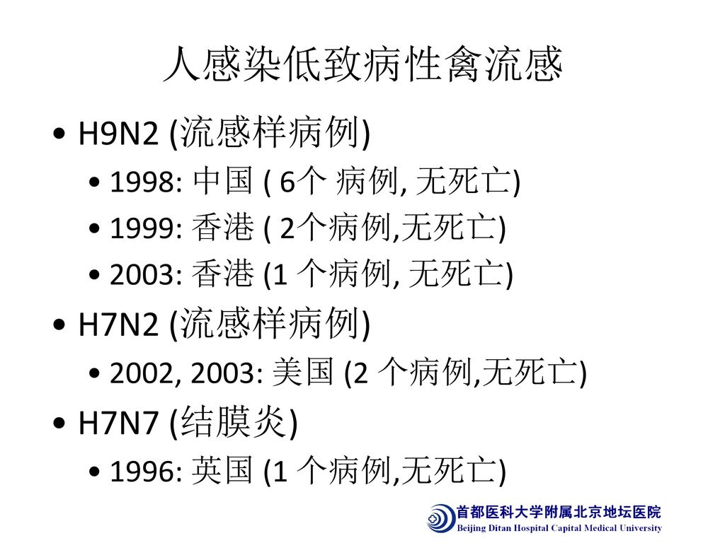 人感染低致病性禽流感 H9N2 (流感样病例) H7N2 (流感样病例) H7N7 (结膜炎) 1998: 中国 ( 6个 病例, 无死亡)