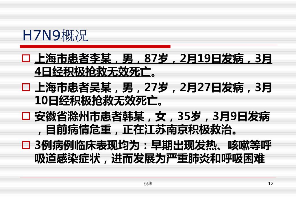 H7N9概况 上海市患者李某，男，87岁，2月19日发病，3月4日经积极抢救无效死亡。