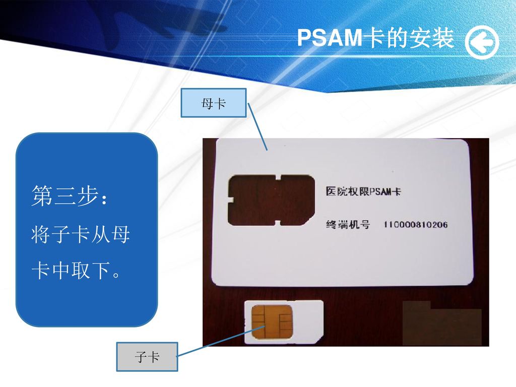 PSAM卡的安装 母卡 第三步： 将子卡从母卡中取下。 子卡