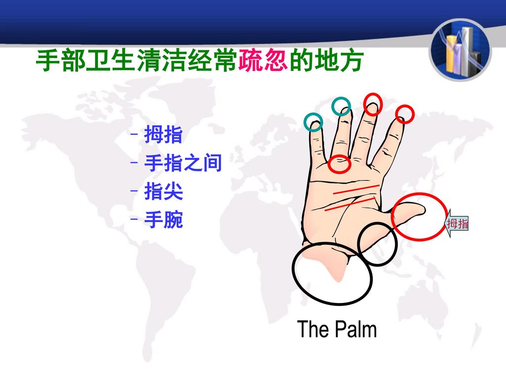 手部卫生清洁经常疏忽的地方 拇指 手指之间 指尖 手腕 拇指