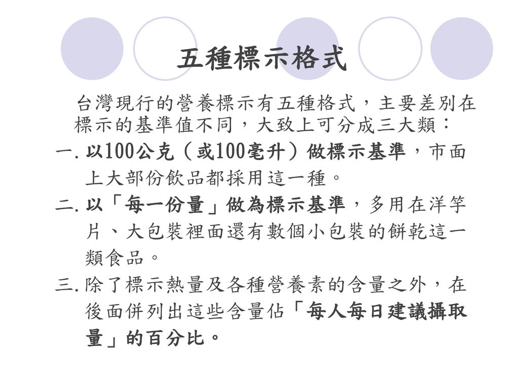 五種標示格式 台灣現行的營養標示有五種格式，主要差別在標示的基準值不同，大致上可分成三大類：