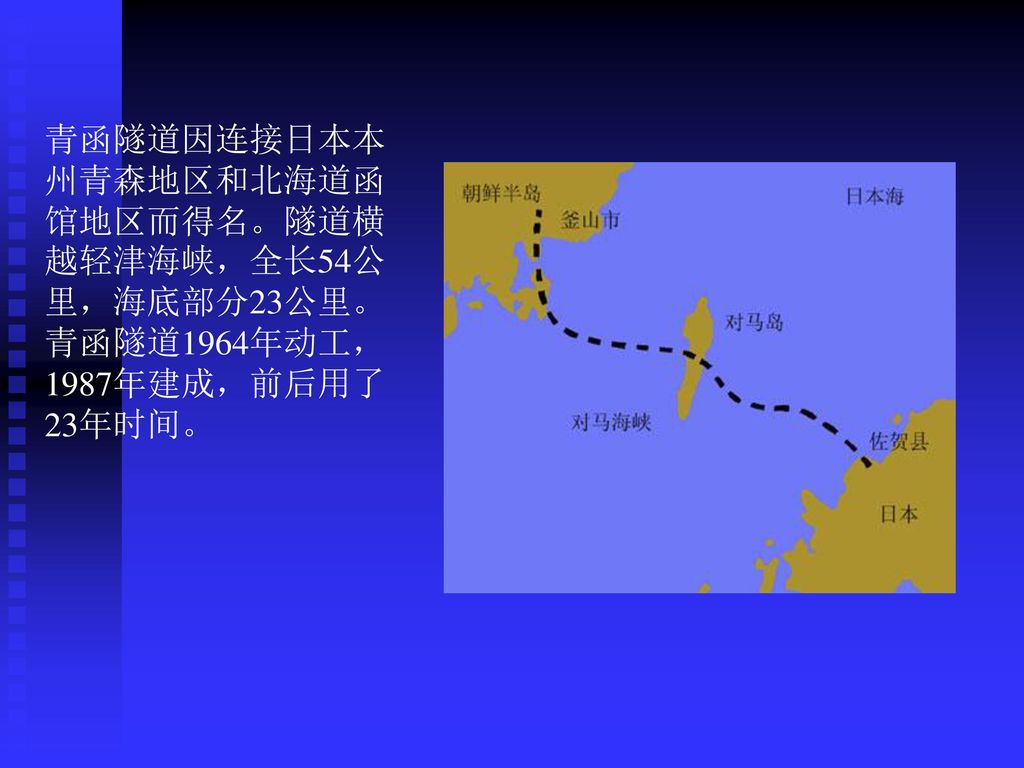 青函隧道因连接日本本州青森地区和北海道函馆地区而得名。隧道横越轻津海峡，全长54公里，海底部分23公里。青函隧道1964年动工，1987年建成，前后用了23年时间。
