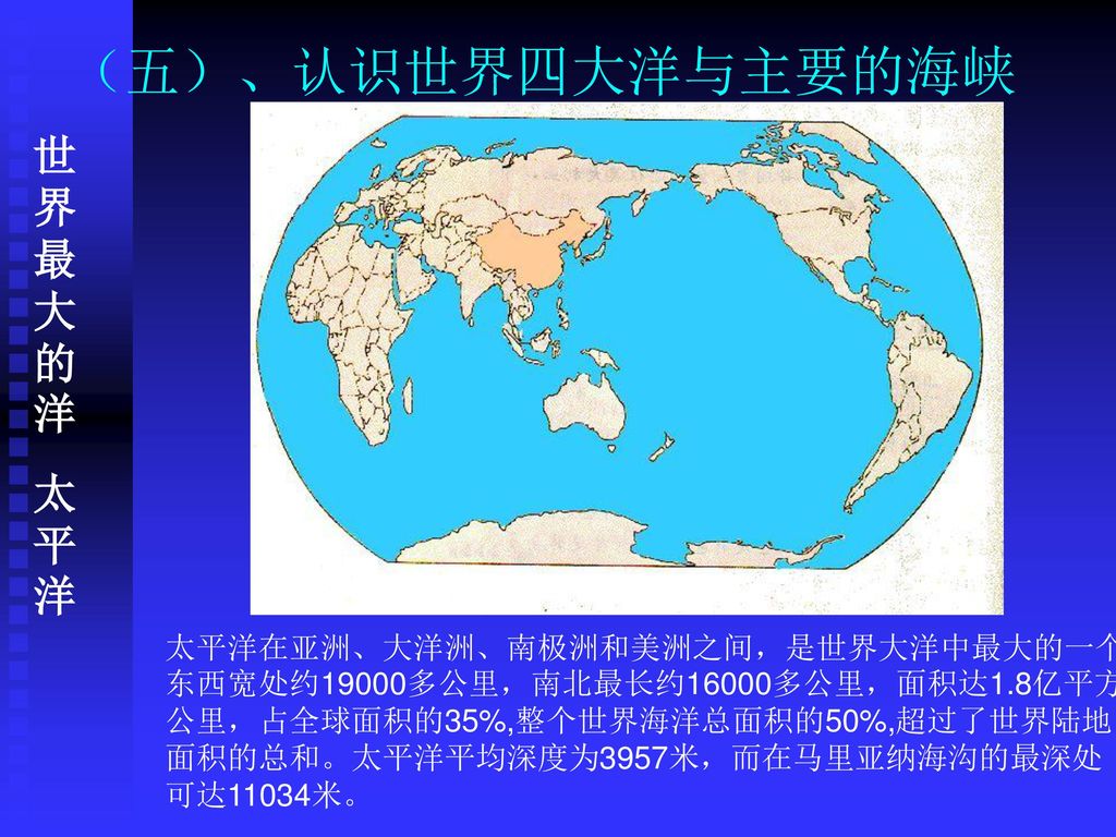 （五）、认识世界四大洋与主要的海峡 世界最大的洋 太平洋