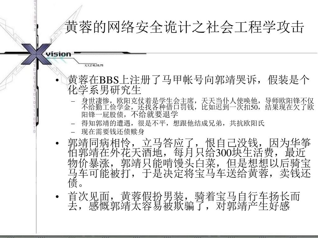 黄蓉的网络安全诡计之社会工程学攻击 黄蓉在BBS上注册了马甲帐号向郭靖哭诉，假装是个化学系男研究生
