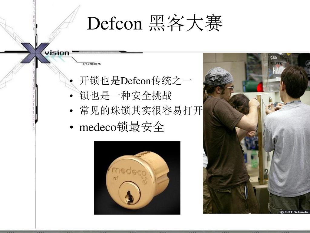 Defcon 黑客大赛 开锁也是Defcon传统之一 锁也是一种安全挑战 常见的珠锁其实很容易打开 medeco锁最安全