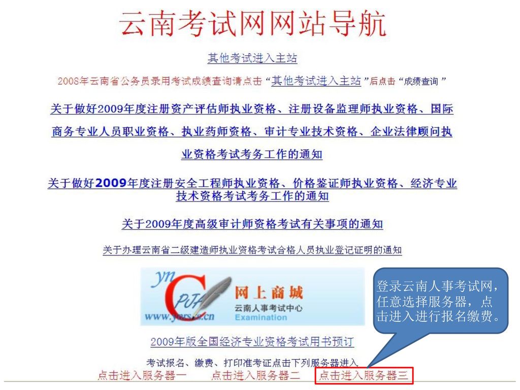登录云南人事考试网，任意选择服务器，点击进入进行报名缴费。