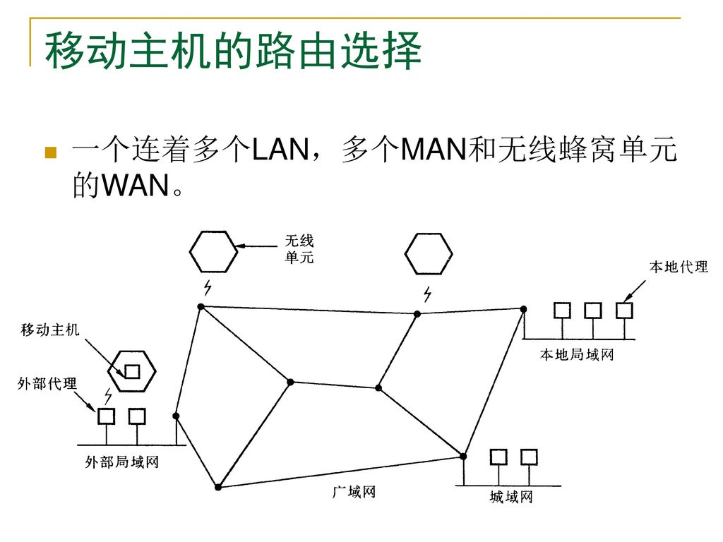 移动主机的路由选择 一个连着多个LAN，多个MAN和无线蜂窝单元的WAN。