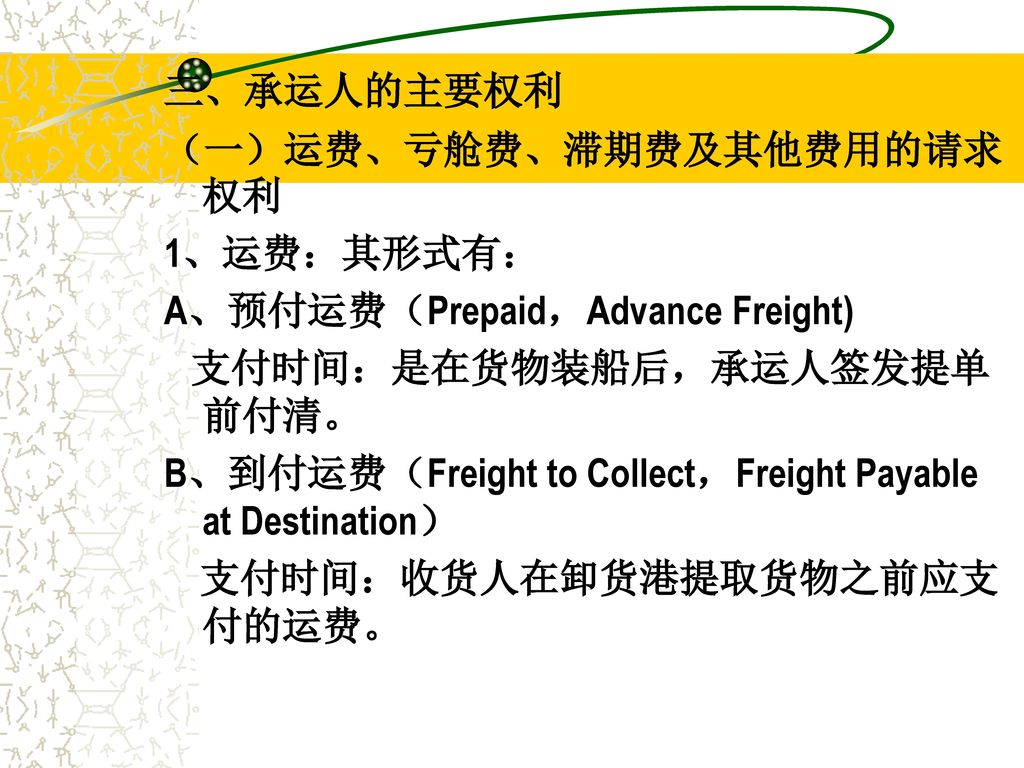 三、承运人的主要权利 （一）运费、亏舱费、滞期费及其他费用的请求权利. 1、运费：其形式有： A、预付运费（Prepaid，Advance Freight) 支付时间：是在货物装船后，承运人签发提单前付清。