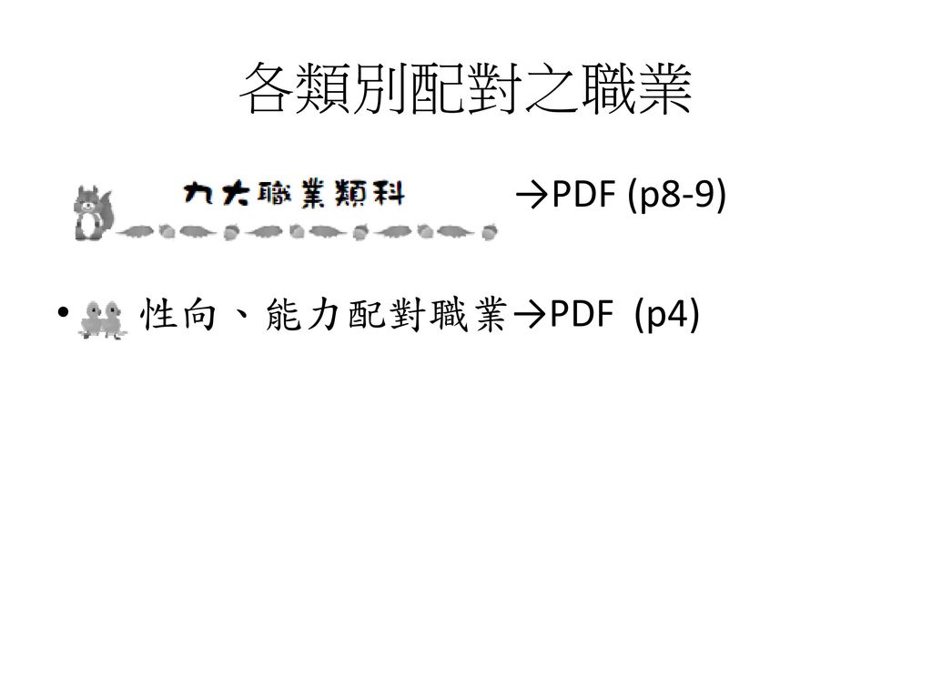 各類別配對之職業 →PDF (p8-9) 性向、能力配對職業→PDF (p4)